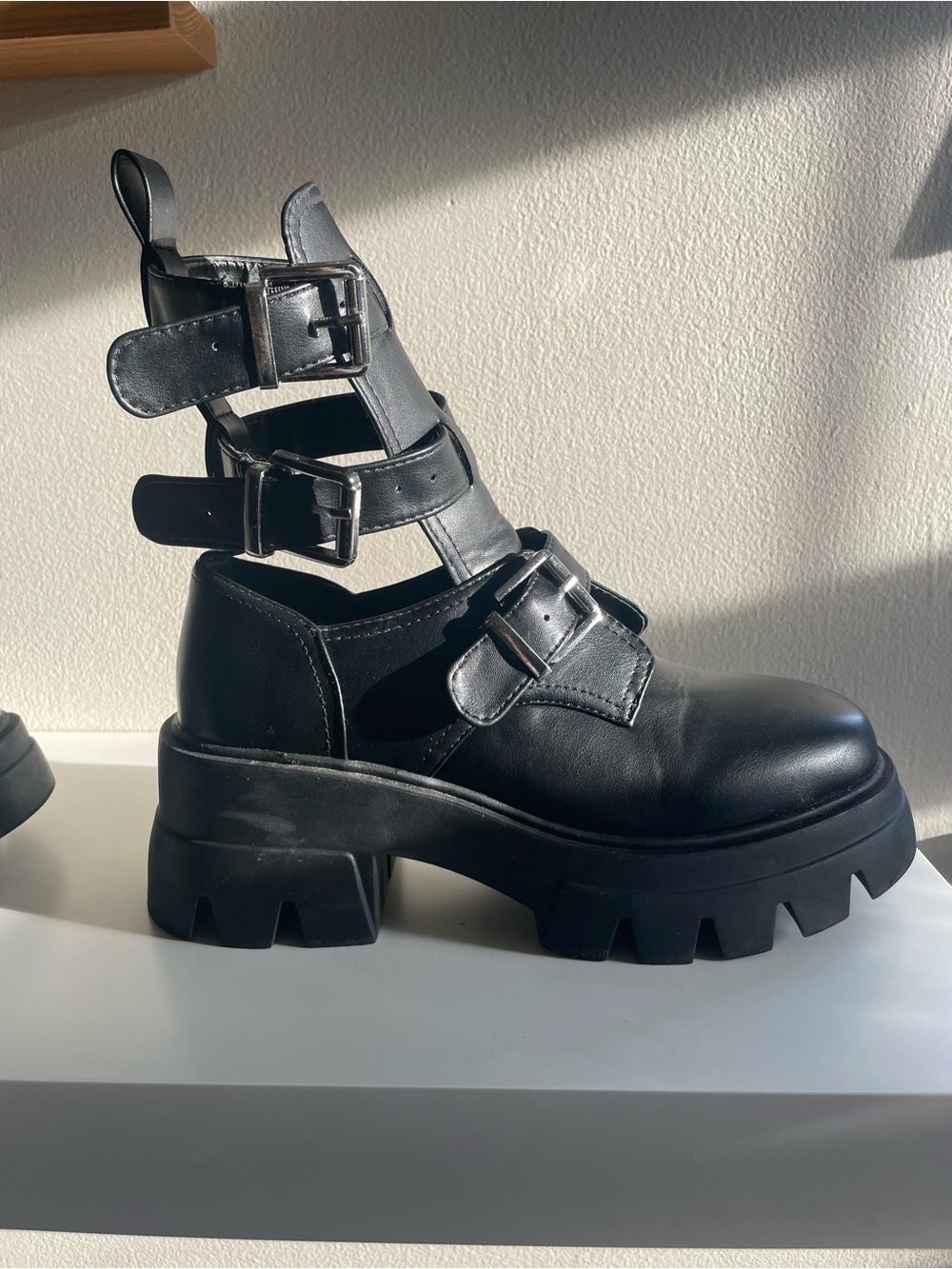 Azalea Wang Black Buckle Cutout Combat Boot